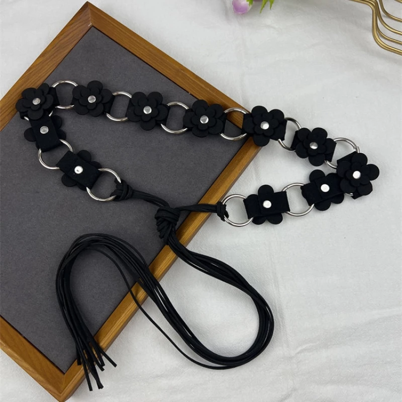 Women's Fashion Black Fabric Belt with Floral & Ring Accents