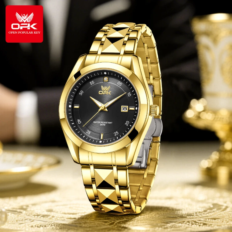 OPK Men's Fashion Quartz Watch with Gold Alloy Strap and 30M Water Resistance