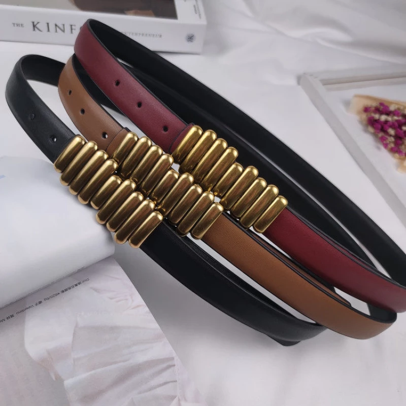 Women's Fashion Slim Leather Belt with Gold-Tone Alloy Bar Accent