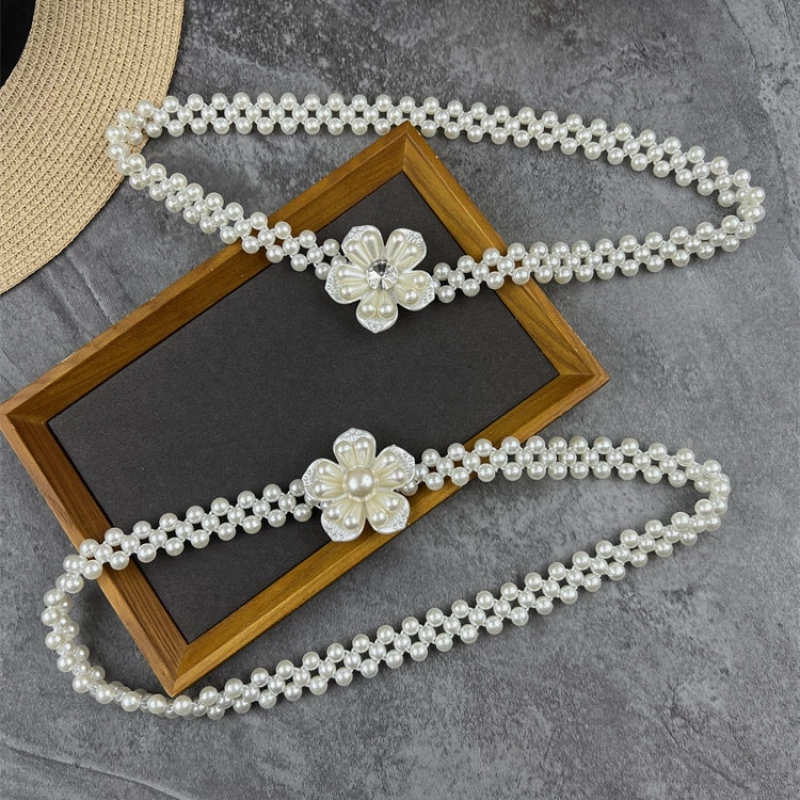 Women's Fashion Multi-Strand Faux Pearl Belt with Floral Clasp