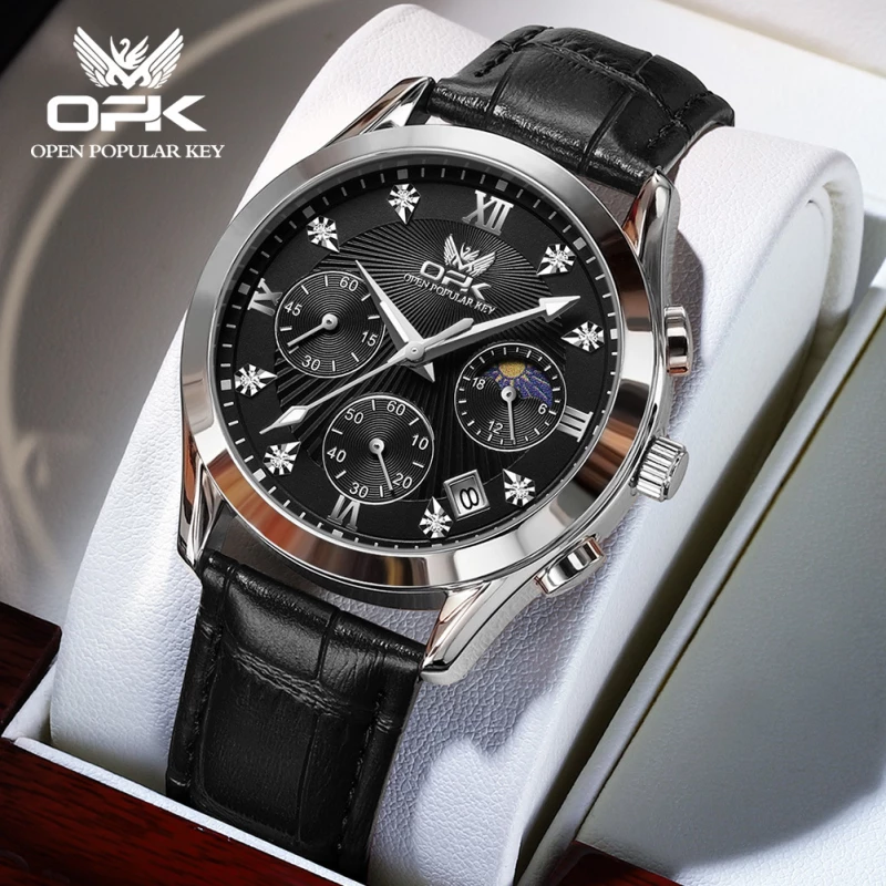 OPK Men's Fashion Quartz Watch with Silver Alloy Case and Black Leather Strap