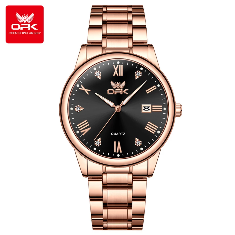 OPK Women's Rose Gold-Tone Alloy Quartz Watch with Sunray Dial, Decorative Cubic Zirconia Accents and Date Display