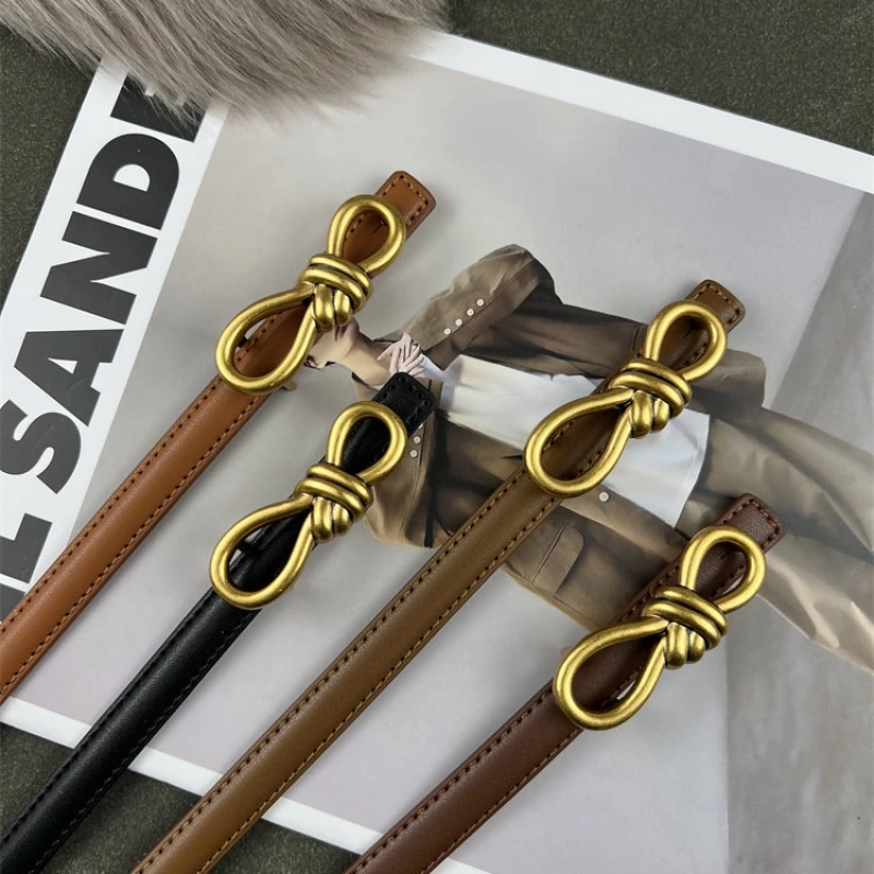 Women's Fashion Skinny Leather Belt with Gold-Tone Alloy Knot Buckle