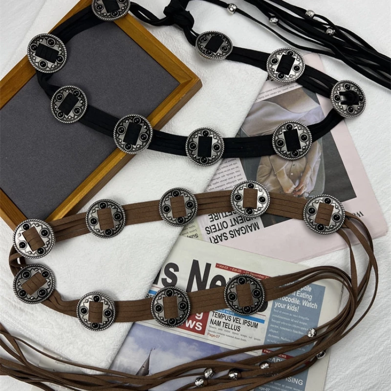 Women's Fashion Black Fabric Belt with Silver-Tone Concho Accents & Tassels