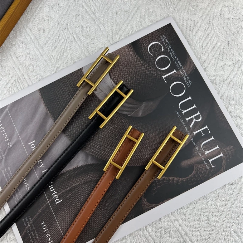 Women's Fashion Skinny Leather Belt with Gold-Tone Alloy Minimalist Buckle