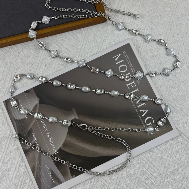 Women's Fashion Silver-Tone Alloy Crystal Accent Chain Belt