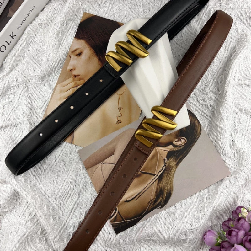 Women's Fashion Slim Leather Belt with Gold-Tone Alloy "M" Buckle