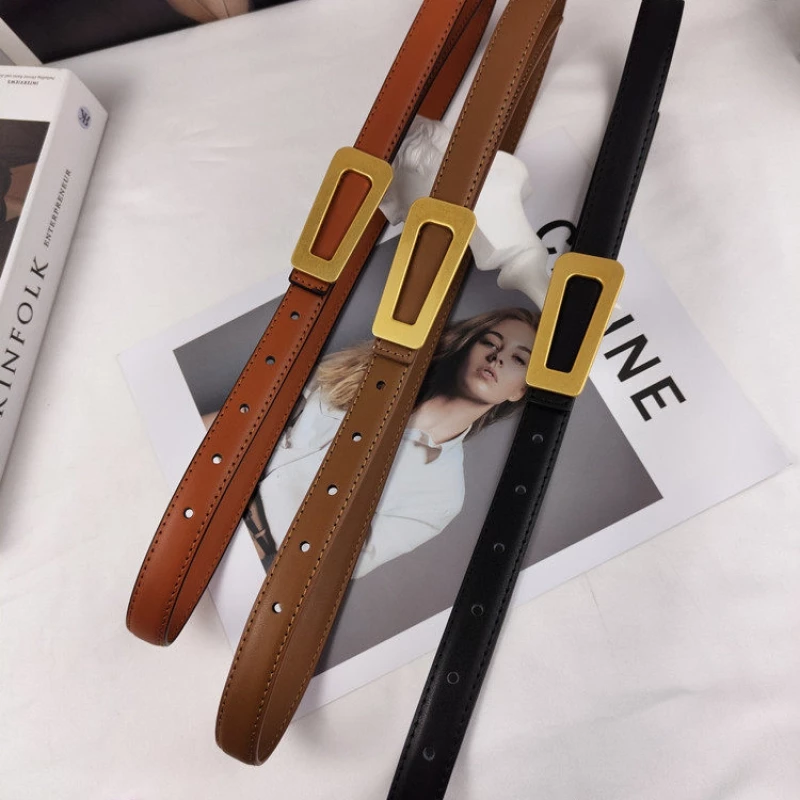 Women's Fashion Slim Leather Belt with Gold-Tone Alloy Square Buckle