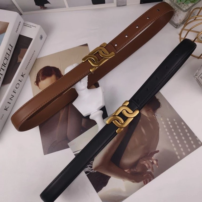 Women's Fashion Slim Leather Belt with Gold-Tone Interlocking Buckle