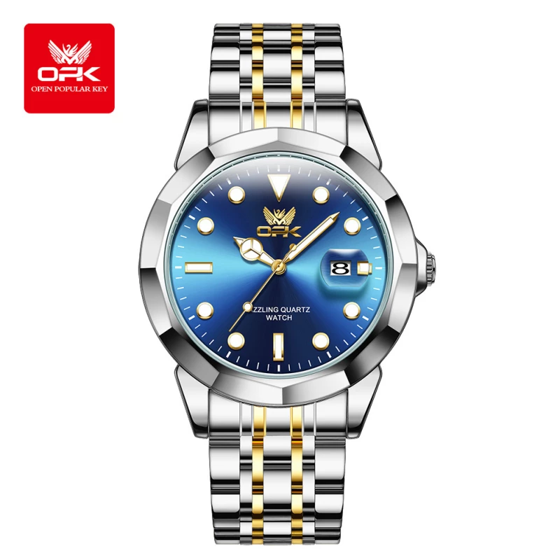 OPK Men's Fashion Quartz Watch with Two-Tone Alloy Strap and Blue Gradient Dial