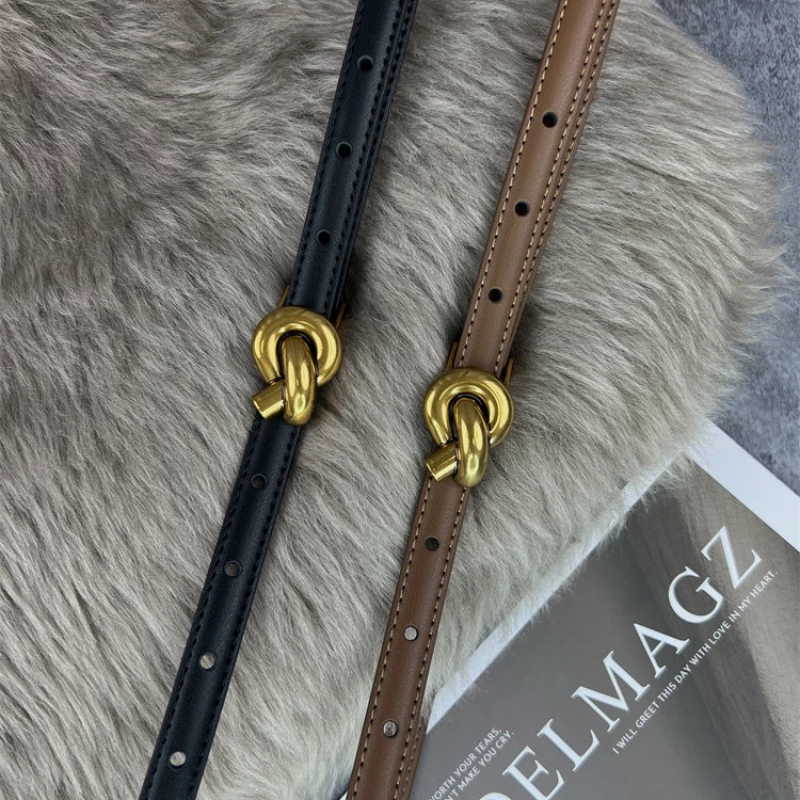 Women's Fashion Skinny Leather Belt with Gold-Tone Alloy Knot Buckle