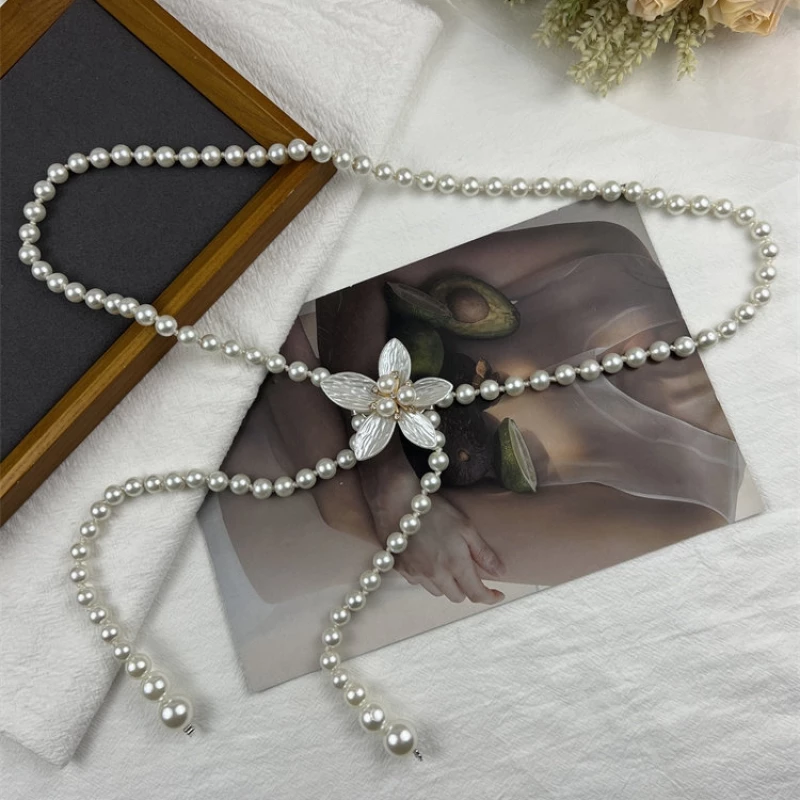 Women's Fashion Faux Pearl Belt with Floral Accent & Tassel