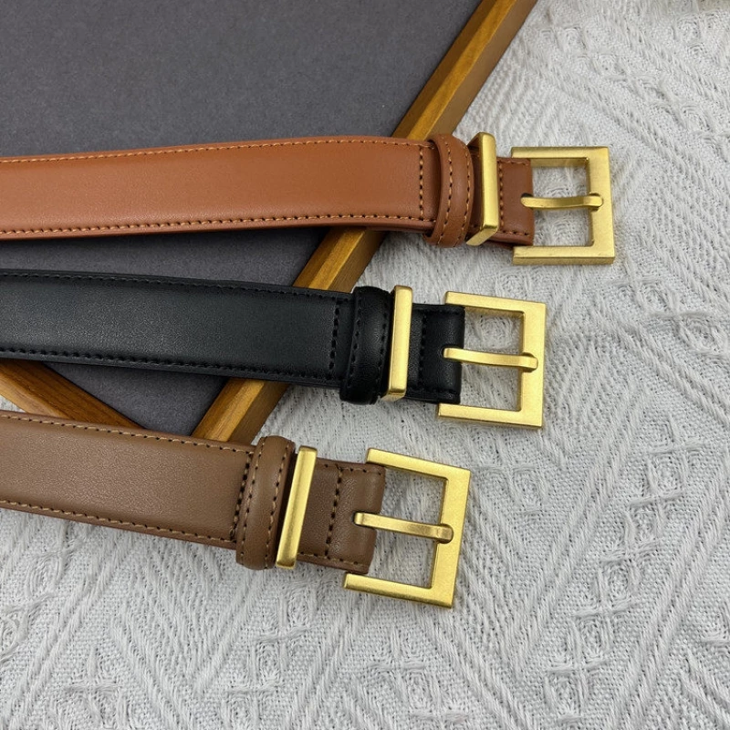 Women's Fashion Slim Leather Belt with Gold-Tone Geometric Buckle