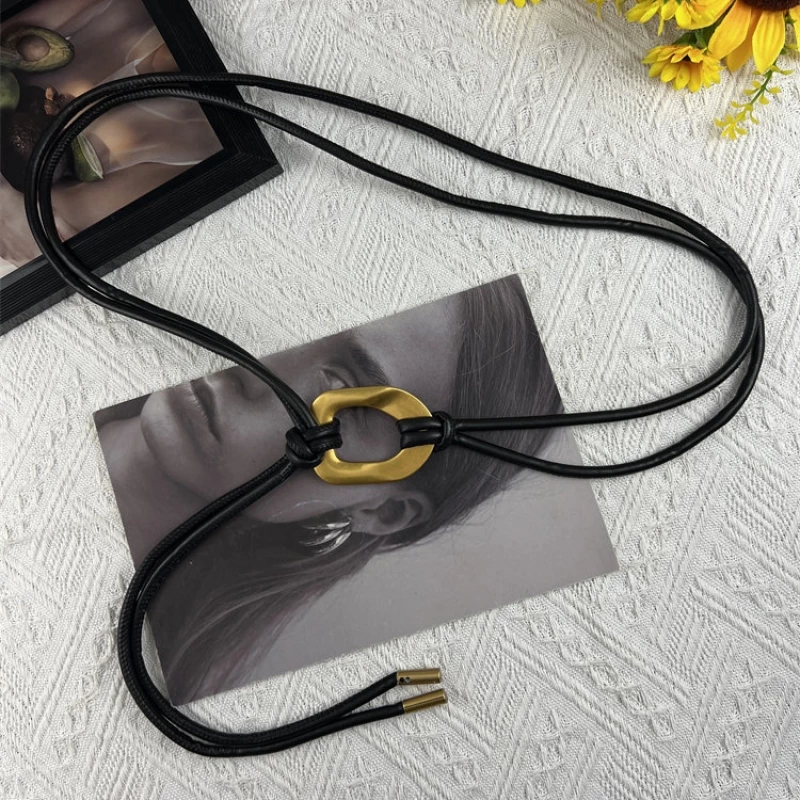 Women's Fashion Ultra-Slim Leather Self-Tie Belt with Gold-Tone Tips