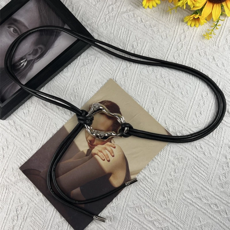 Women's Fashion Self-Tie Leather Belt with Irregular Silver-Tone Buckle