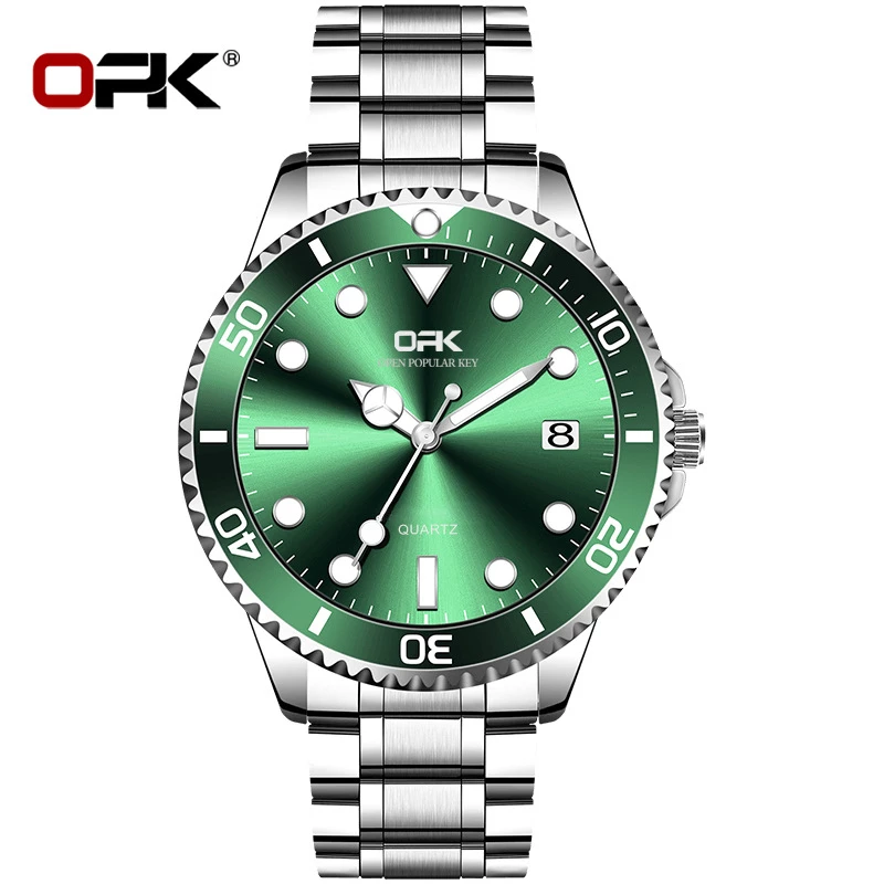 OPK Men's Silver Alloy Quartz Watch with Green Sunray Dial, Rotating Bezel and Date Display