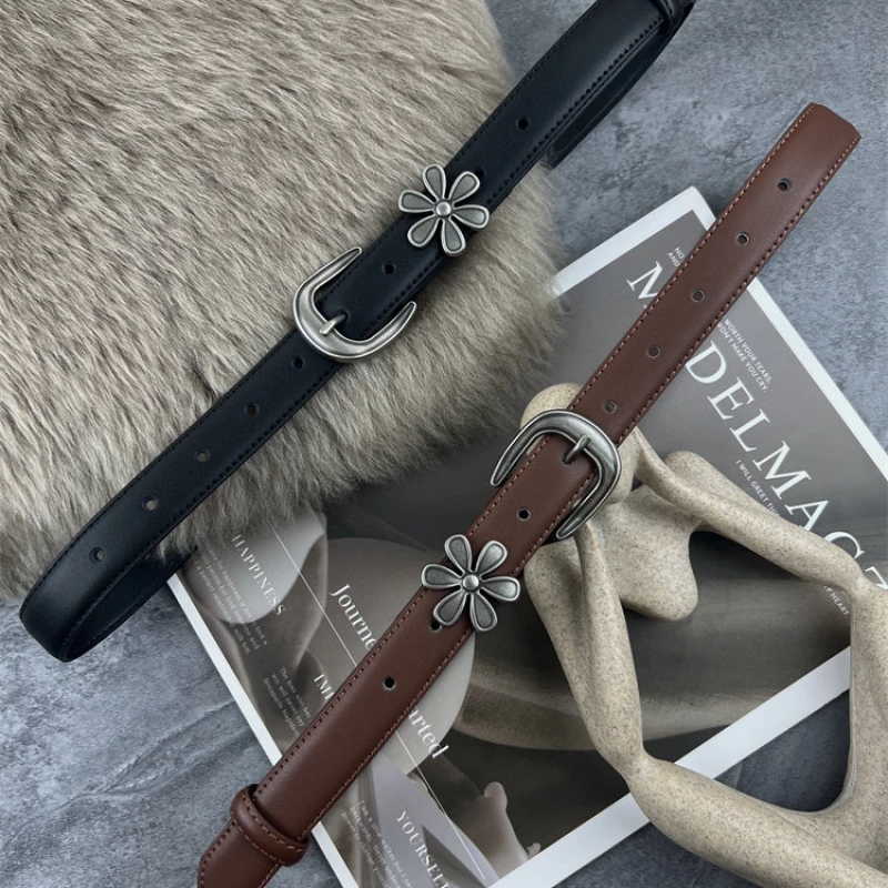 Women's Fashion Slim Leather Belt with Silver-Tone Flower Buckle