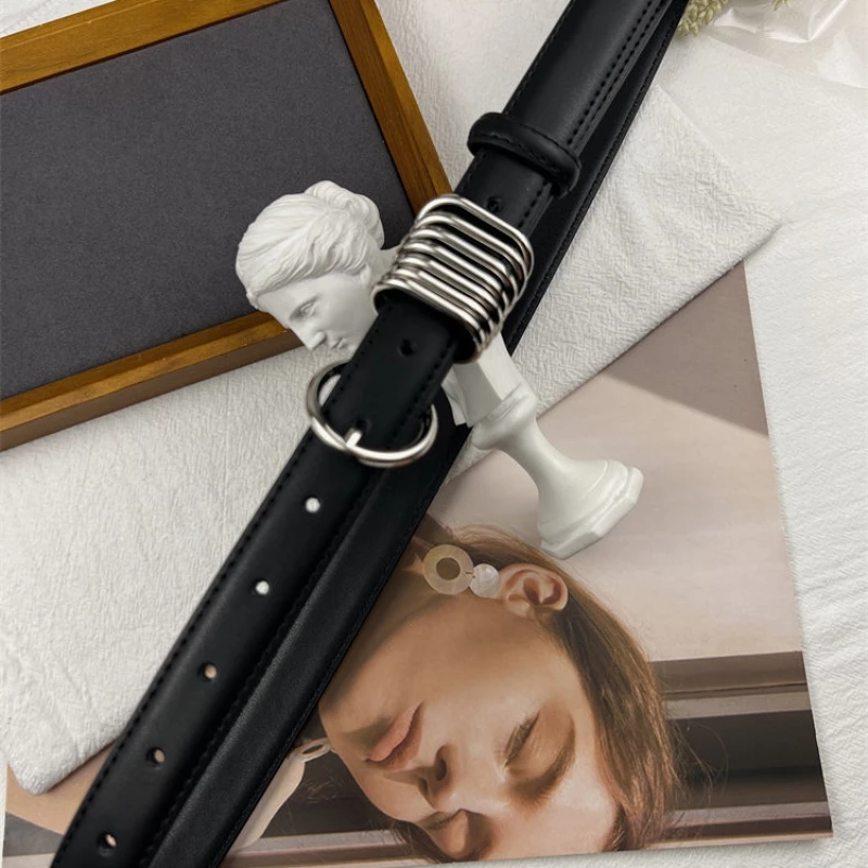 Women's Fashion Slim Leather Belt with Silver-Tone Multi-Ring Buckle