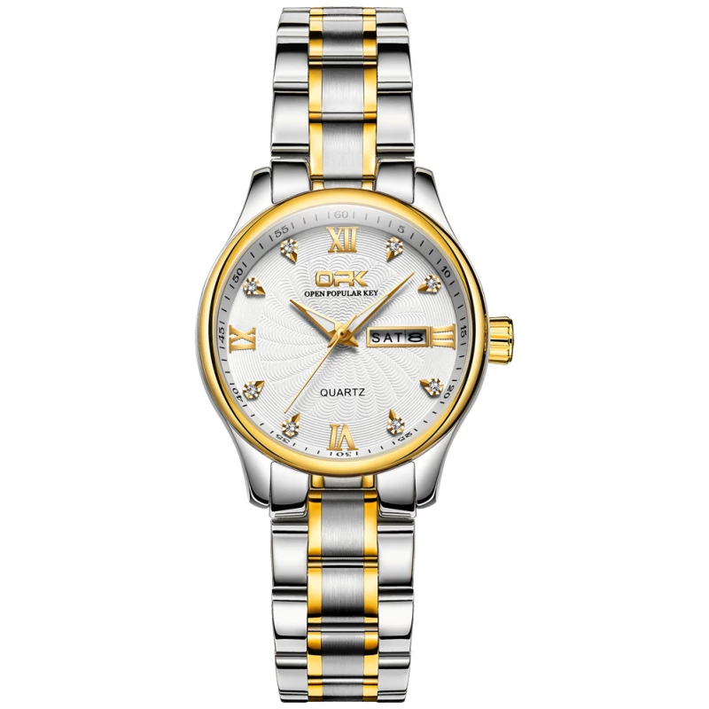 OPK Couple watches Two-Tone Alloy Quartz Watch with Ripple Dial, Day-Date Display and Crystal Accents