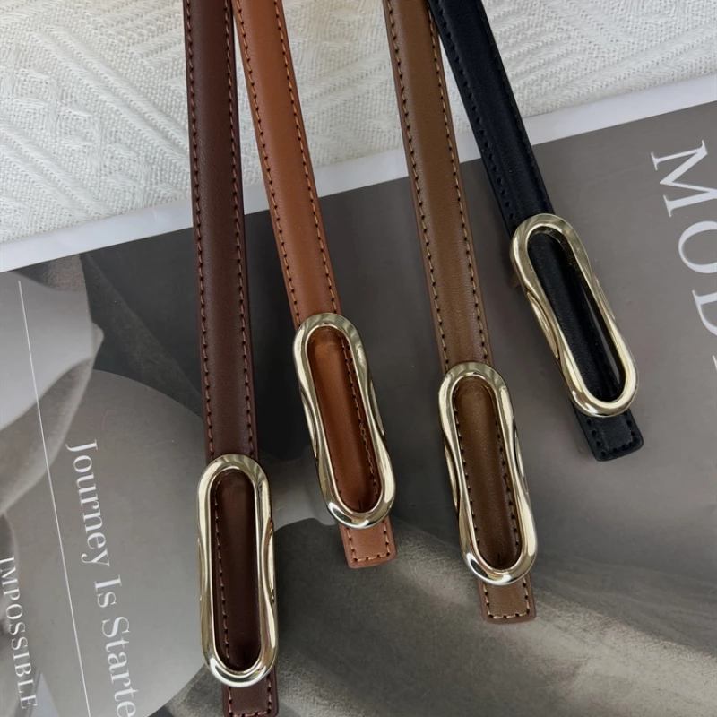 Women's Fashion Slim Leather Belt with Gold-Tone Oval Buckle
