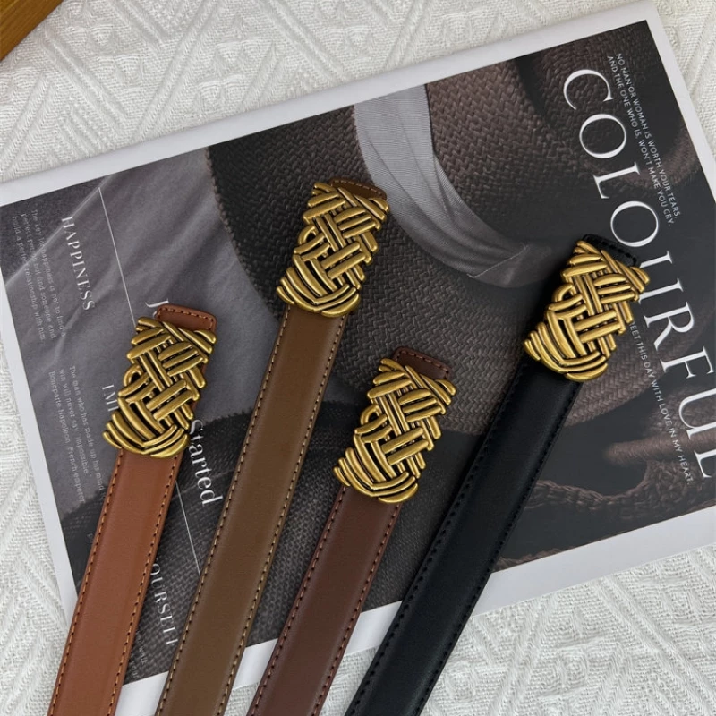 Women's Fashion Slim Leather Belt with Gold-Tone Woven Buckle