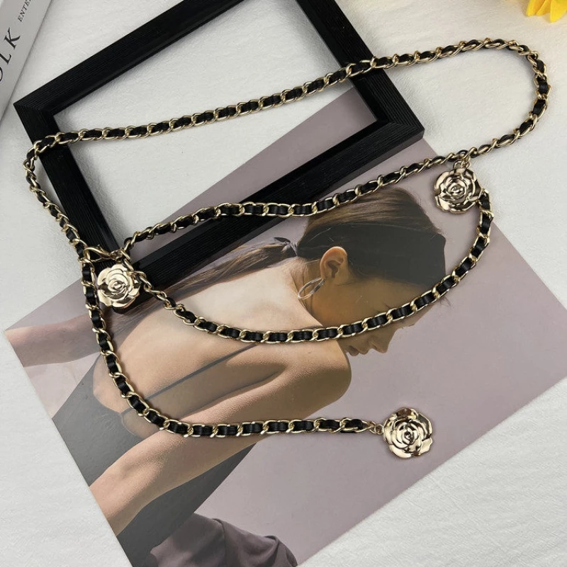 Women's Fashion Two-Tone Chain Belt with Rose Accent