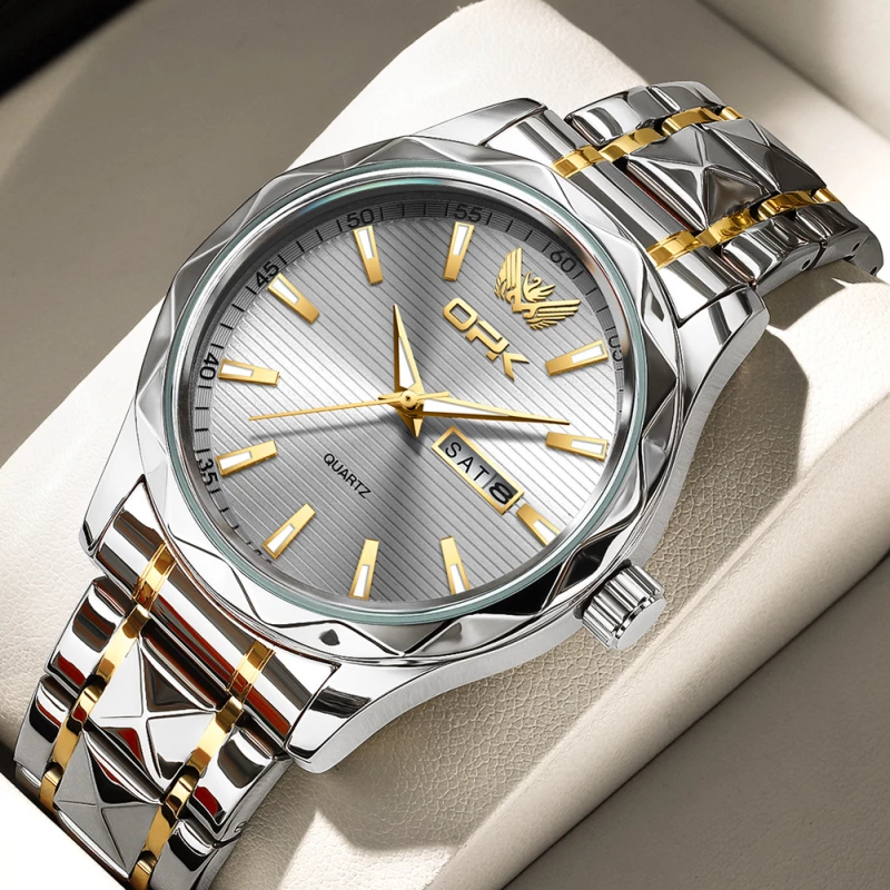 OPK Men's Two-Tone Alloy Quartz Watch with Ribbed Dial, Day-Date Display and Angled Bezel