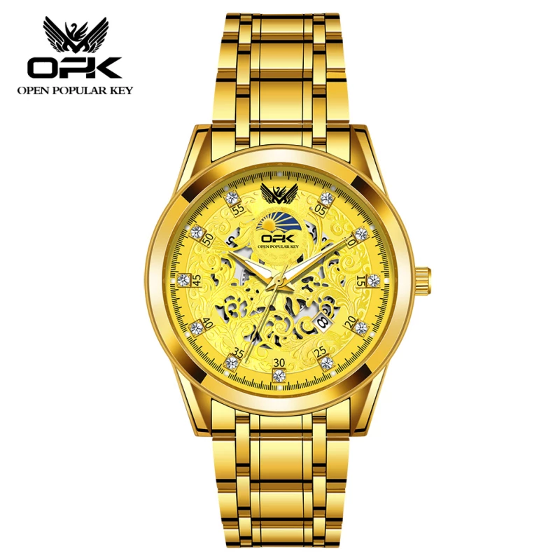 OPK Gold-Tone Alloy Fashion Quartz Watch with Skeleton Dial & Date Display