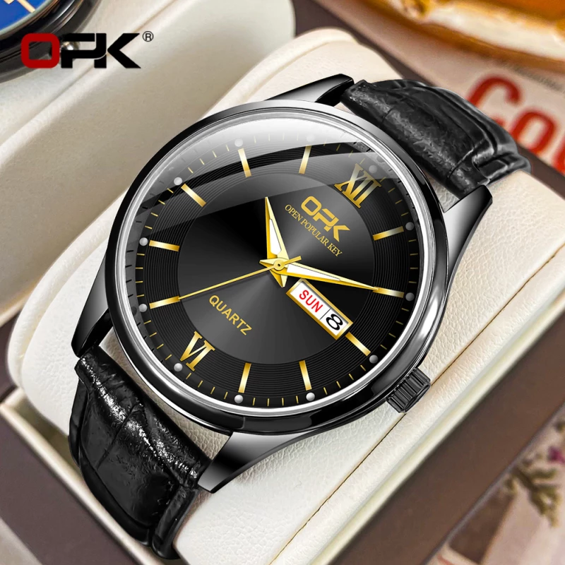 OPK Men's Fashion Quartz Watch with Black Alloy Case and Leather Strap