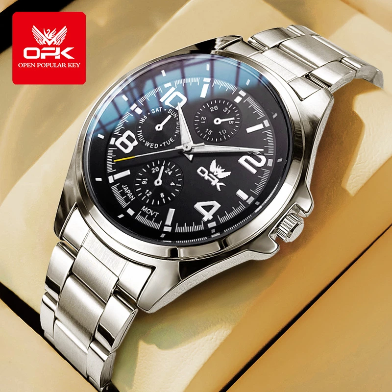 OPK Men's Silver Alloy Quartz Watch with Black Chronograph Dial and Large Arabic Numerals