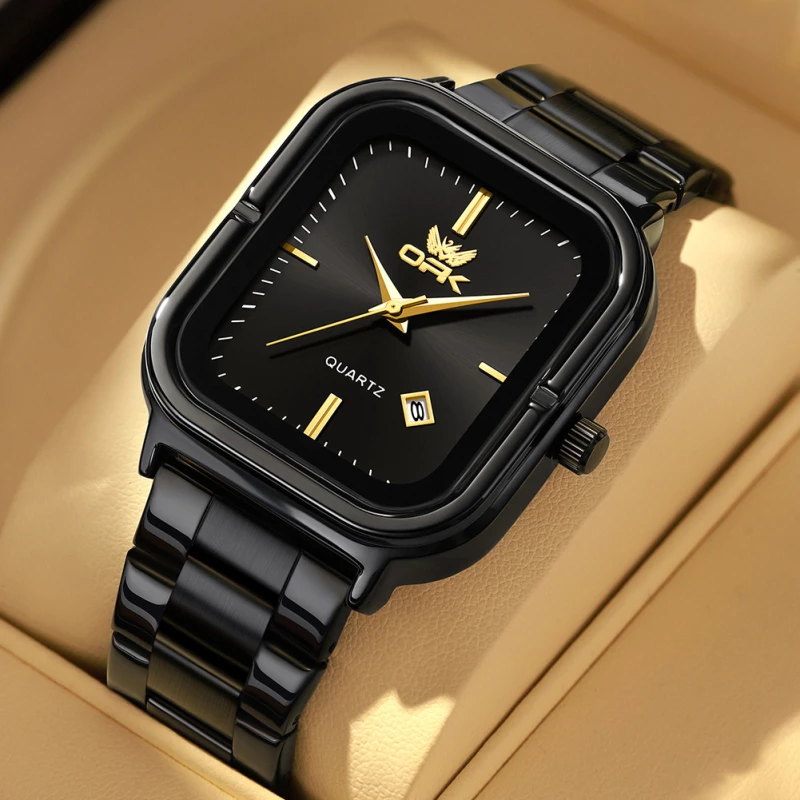 OPK Men's Black-Tone Alloy Quartz Watch with Square Case, Date Display and Gold Accents