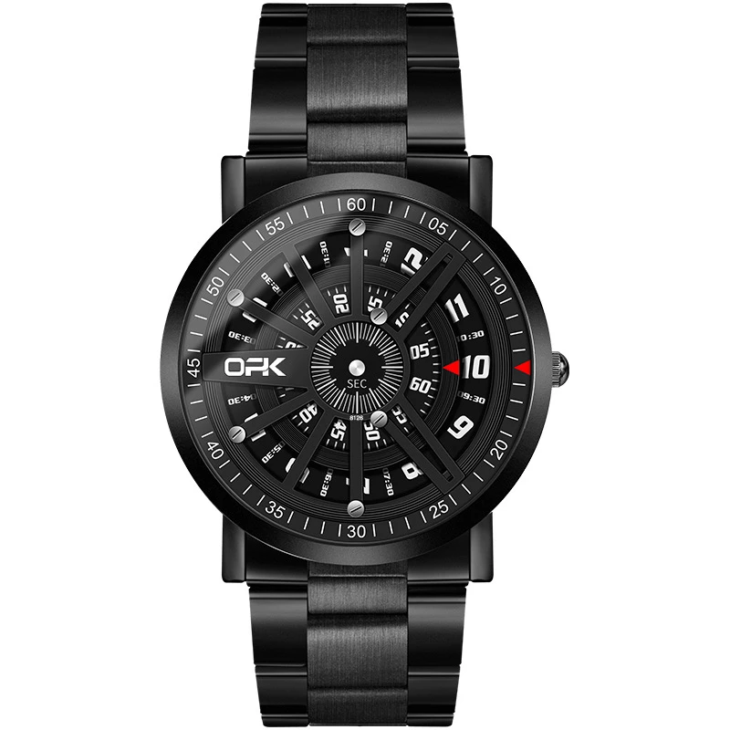 OPK Men's Black-Tone Alloy Quartz Watch with Multi-Layered Dial and Red Accents