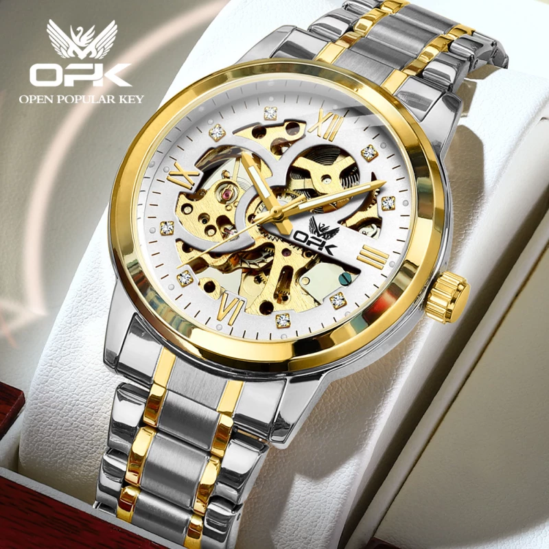 OPK Men's Two-Tone Alloy Quartz Watch with Skeleton Dial, Crystal Accents and Roman Numerals