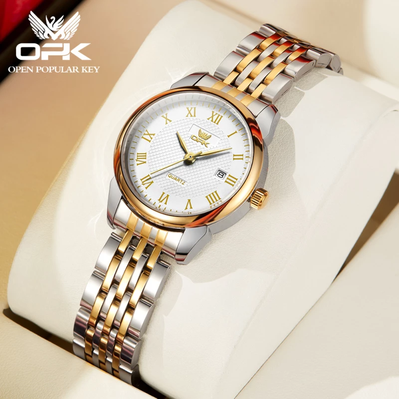 OPK Unisex Two-Tone Alloy Quartz Watch with Grid Dial, Roman Numerals and Date Display