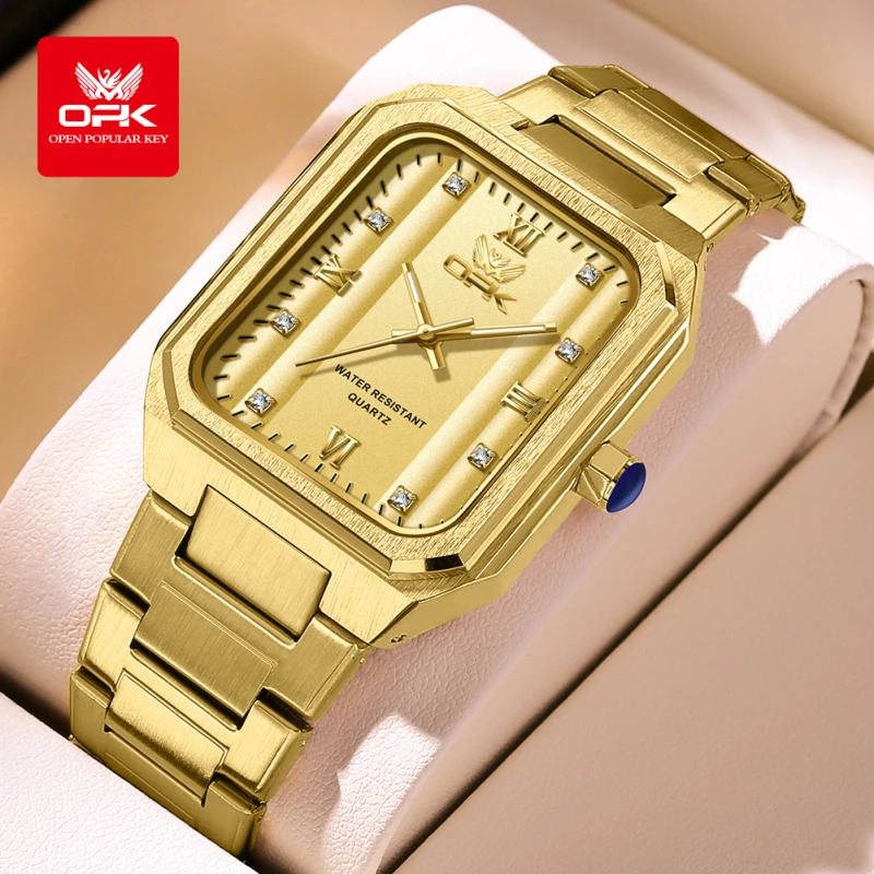 OPK Men’s watches. Gold-Tone Alloy Quartz Watch with Octagonal-Rectangle Case, Crystal Accents and Blue Crown