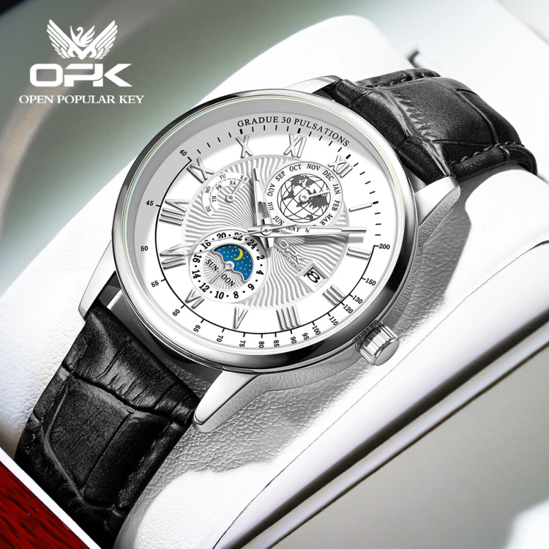 OPK Men's Fashion Quartz Watch with Silver-Toned Alloy Case and Black Leather Strap