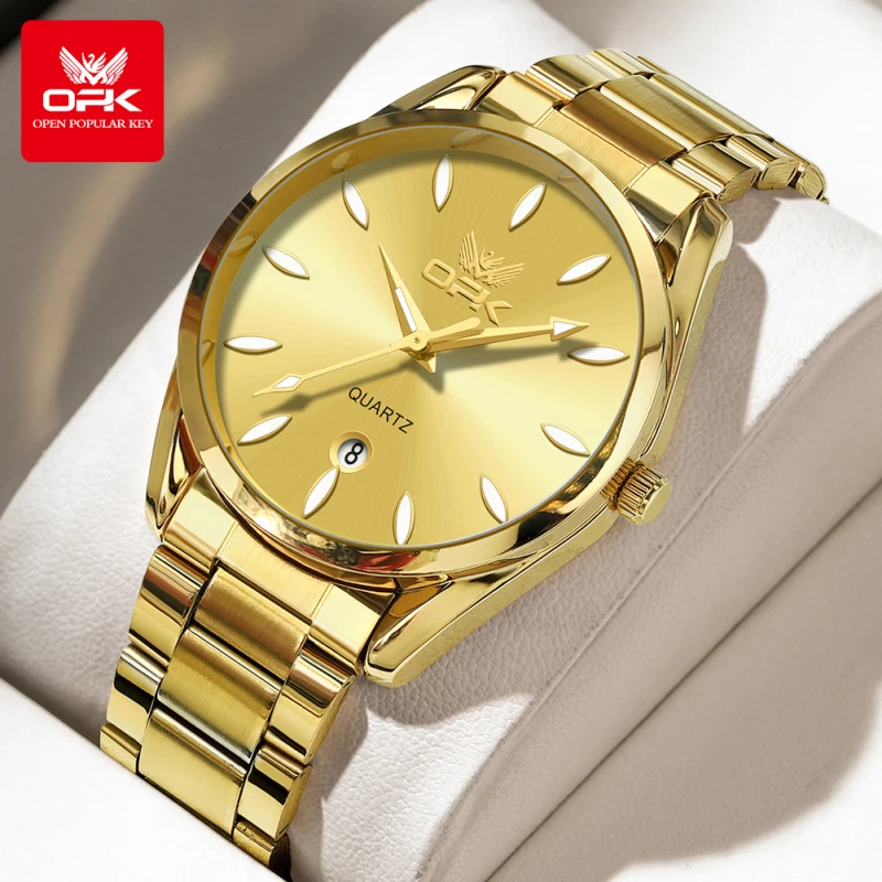 OPK Men's Gold-Tone Alloy Quartz Watch with Sunray Dial, Leaf Markers and Date Display