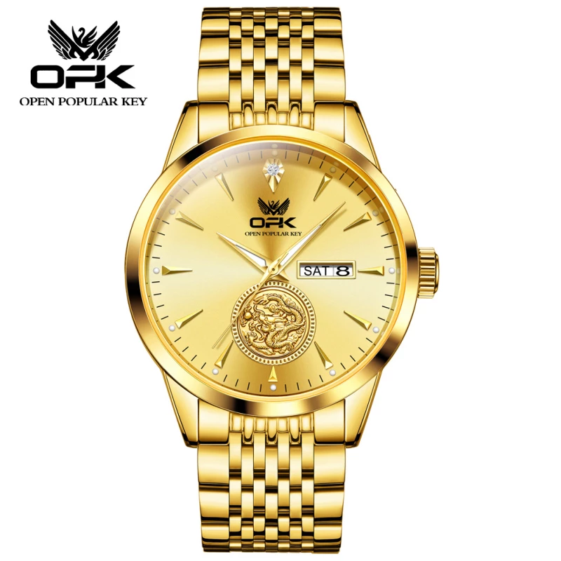 OPK Men's Fashion Quartz Watch with Gold-Toned Alloy Case and Link Strap