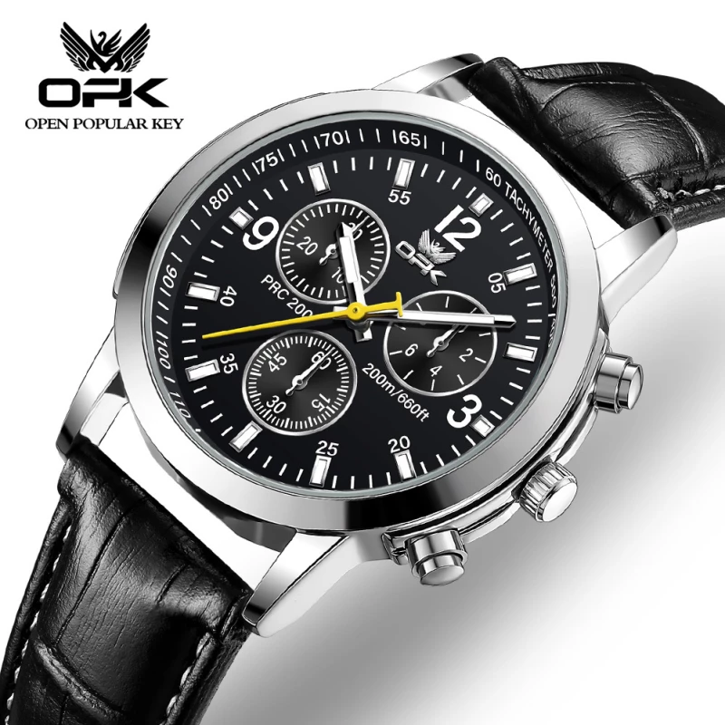 OPK Men's Silver Alloy Quartz Watch with Black Chronograph Dial, Yellow Accents and Leather Strap