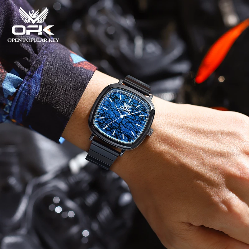 OPK Men's Black-Tone Alloy Quartz Watch with Square Case, Cracked Ice Blue Dial and Link Bracelet