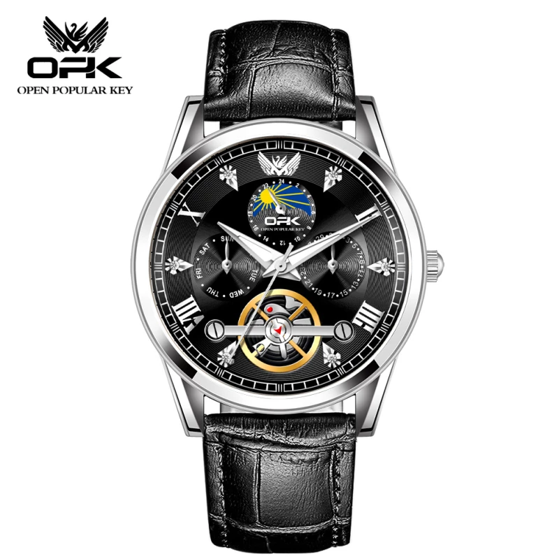 OPK Men's Fashion Quartz Watch with Silver-Toned Alloy Case and Black Leather Strap