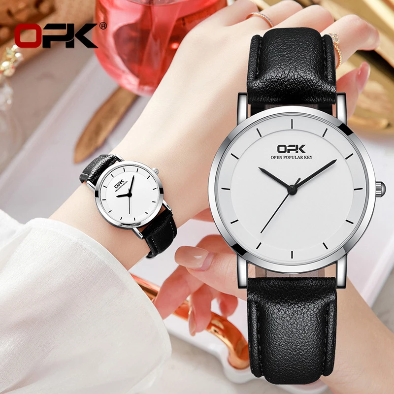 OPK His & Hers Silver Alloy Quartz Watch with Minimalist Dial and Black Leather Strap