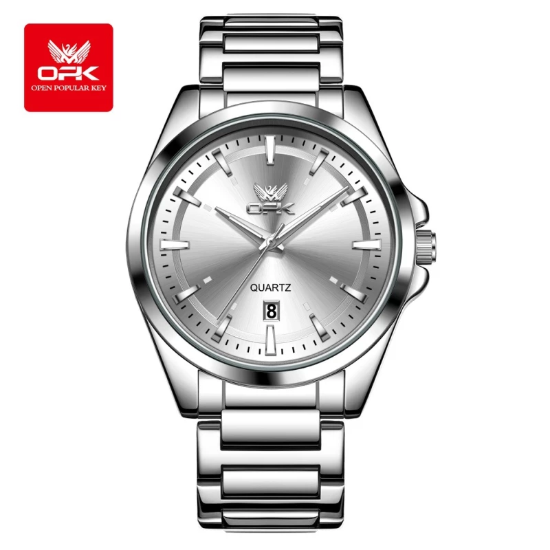 OPK Men's Silver Alloy Quartz Watch with Sunray Dial, Date Display and Link Bracelet