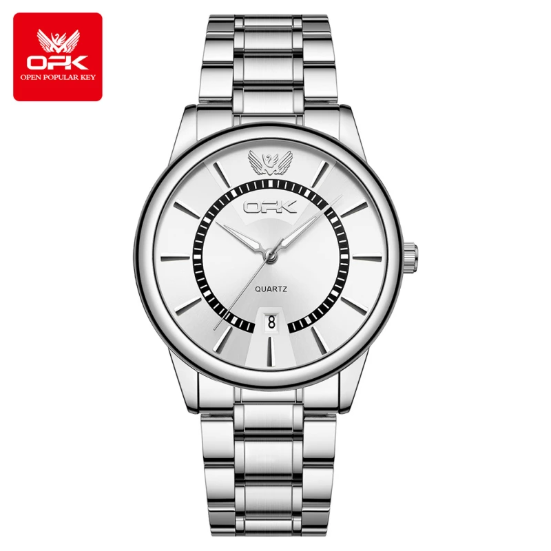 OPK Men's Silver Alloy Quartz Watch with Contrast Ring Dial, Date Display and Link Bracelet
