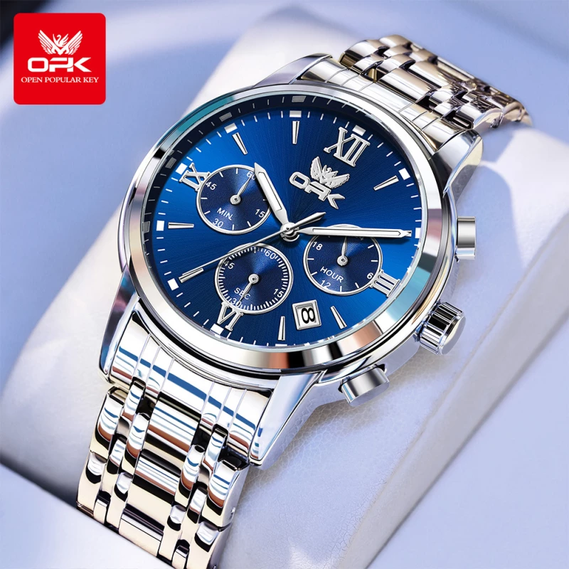 OPK Men's Silver Alloy Quartz Watch with Blue Chronograph Dial, Roman Numerals and Link Bracelet