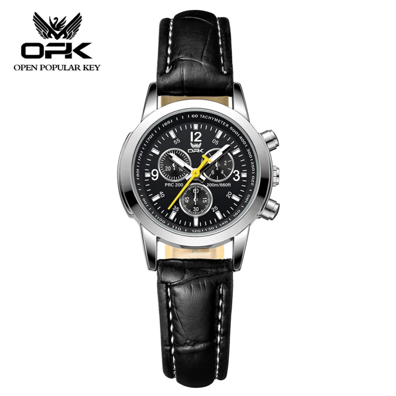 OPK Men's Fashion Quartz Watch with Silver-Toned Alloy Case and Black Leather Strap
