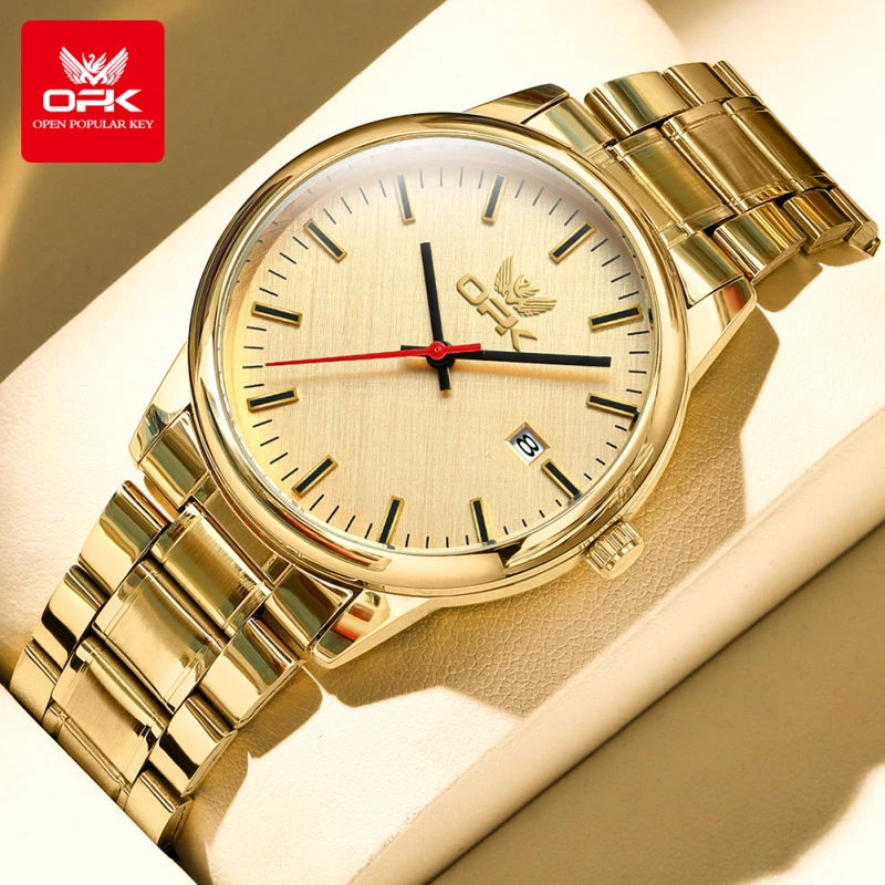 OPK Men's Gold-Tone Alloy Quartz Watch with Sunray Dial, Red Accent Second Hand and Date Display