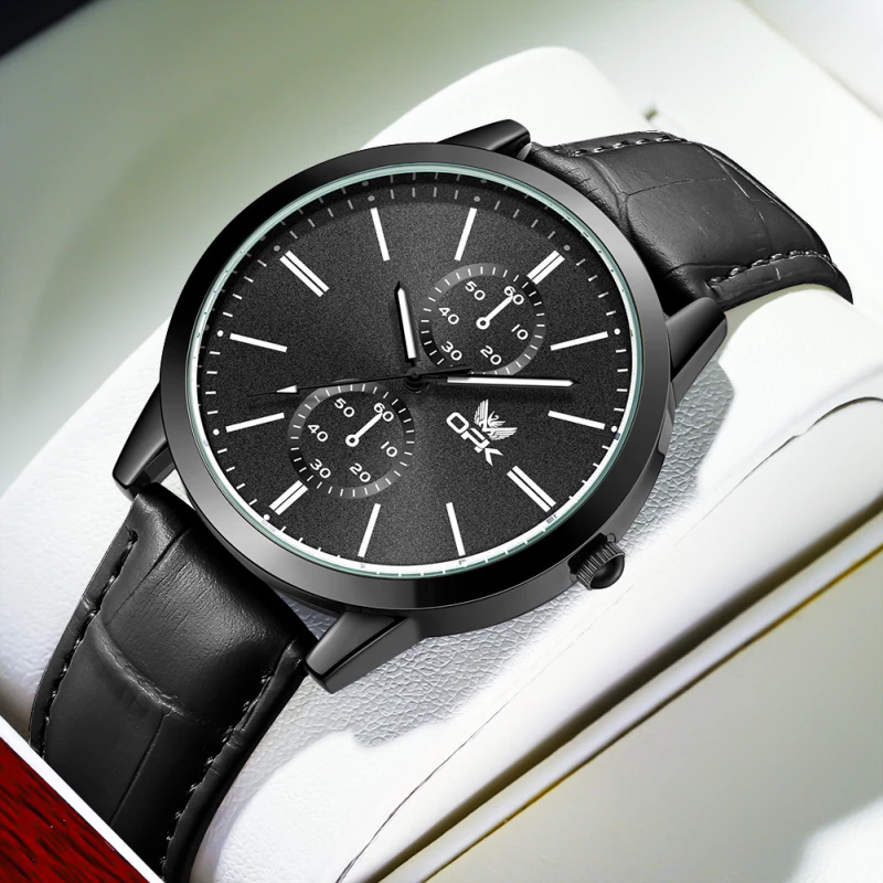 OPK Men's Black-Tone Alloy Quartz Watch with Textured Dial, Sub-Dials and Leather Strap