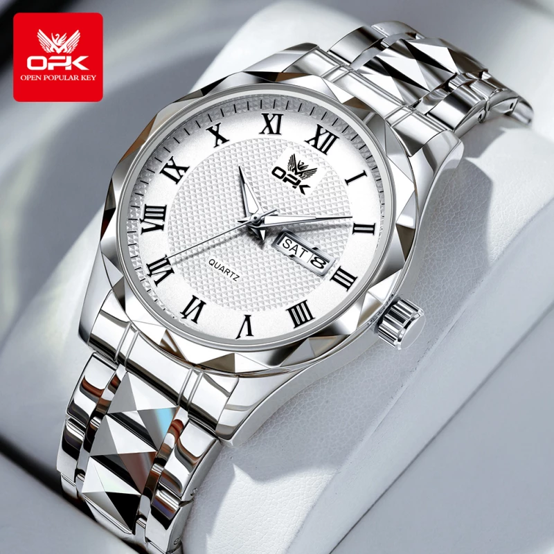 OPK Men's Silver Alloy Quartz Watch with Grid Dial, Roman Numerals and Day-Date Display
