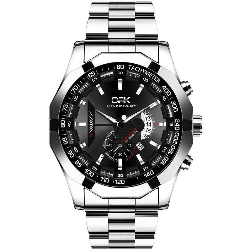 OPK Men's Silver Alloy Quartz Watch with Black Chronograph Dial, Tachymeter Bezel and Link Bracelet